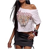 RoseSeek Women's Off Shoulder Letter Graphic Tees Short Sleeve Loose T Shirts Asymmetric Crop Tops