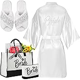 Bunnycool 4 Pcs Bridal Shower Gift Set Include Bride Robes White Slippers Canvas Tote Bag Makeup Bag for Bride Wedding Party