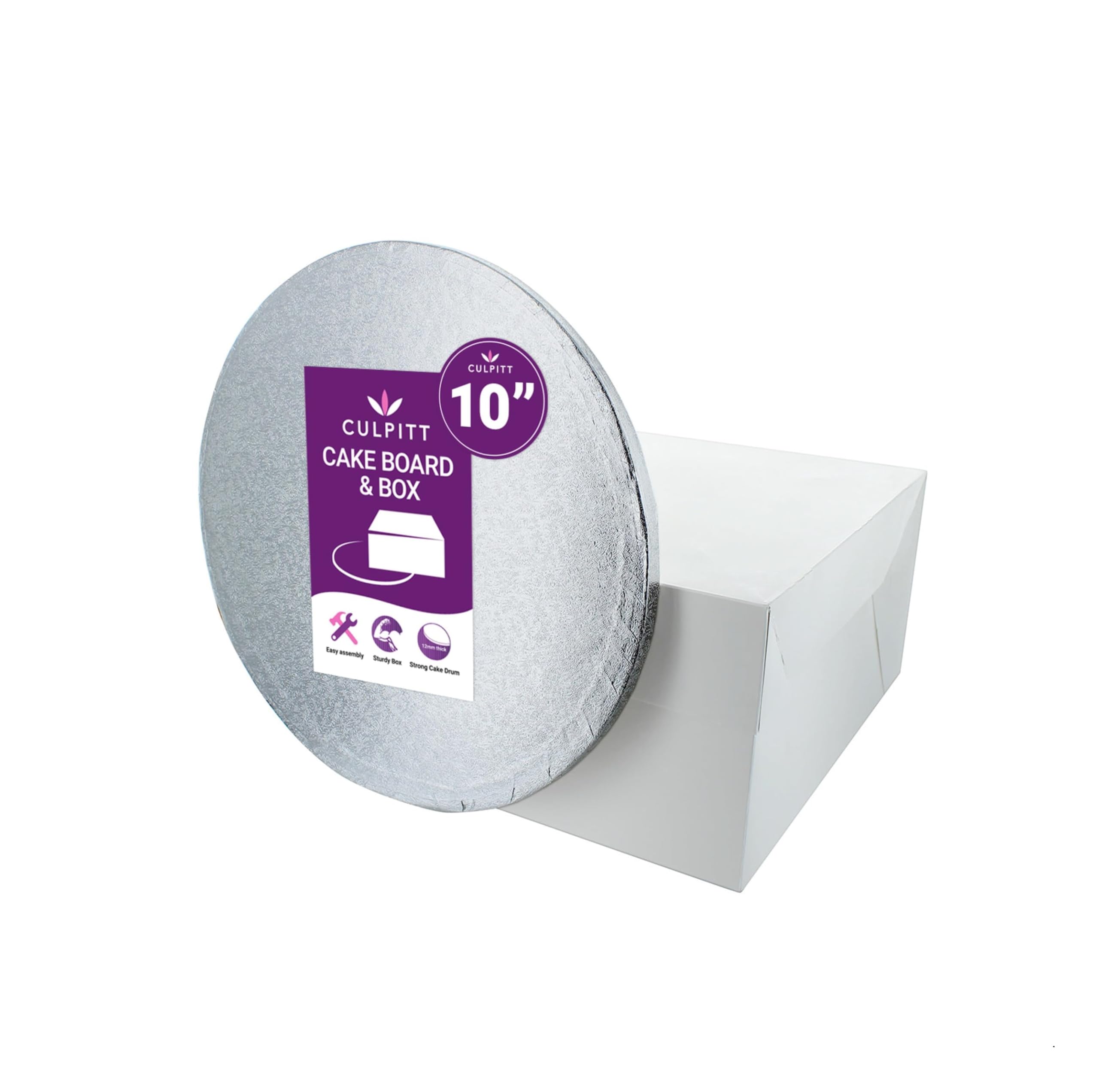 Culpitt 10" Round Silver Cake Drum Board & White Cake Box Combo