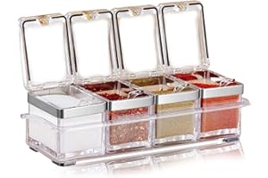 Aogist Kitchen Spice Pots 4 Pieces Clear Seasoning Box, Storage Container Condiment Jars Acrylic Seasoning Box with Cover and Spoon