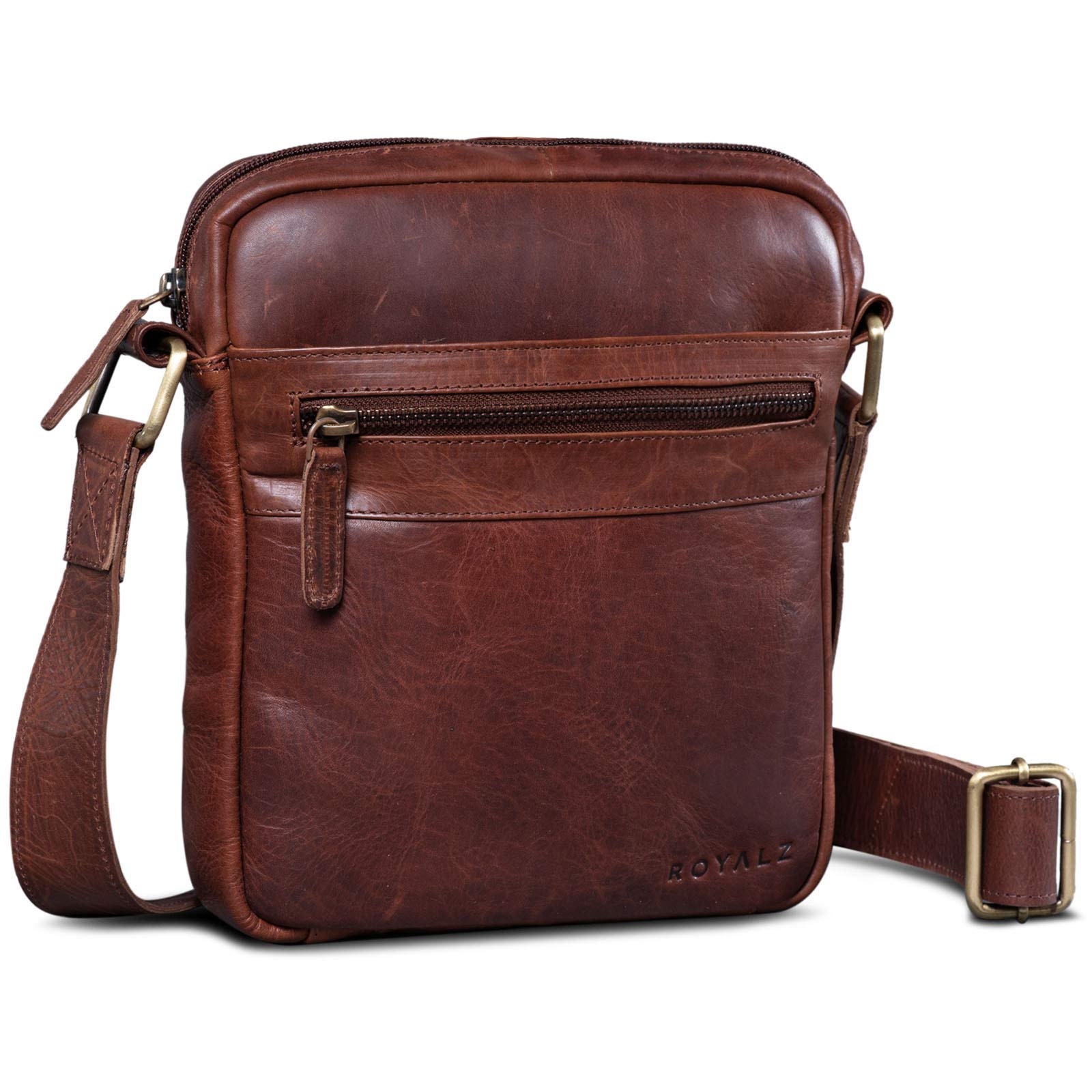 ROYALZ 'Trenton' Mens Shoulder Bag Leather Cross Body Massanger Genuine Leather Casual Vintage Style Men Travel Wallet, Color:Roma Cognac Brown