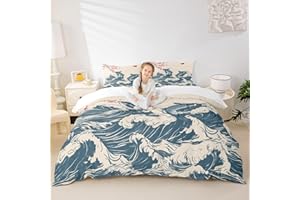 MANFEI Waves Bedding Set King Size,Koi Cherry Blossom Sunrise Duvet Cover with 2 Pillowcases,Japanese Art Landscape Comforter Cover for Kids Teens Room Decor,Soft Romantic Natural Quilt Cover