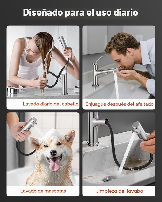 Grifo de Lavabo en Níquel Cepillado y Acero Inoxidable, Grifo de Cocina con Rociador Extraíble, Mezclador Monomando para Baño, Caravana, Bar, Resistente a la Corrosión, 260 x 210 x 52 mm