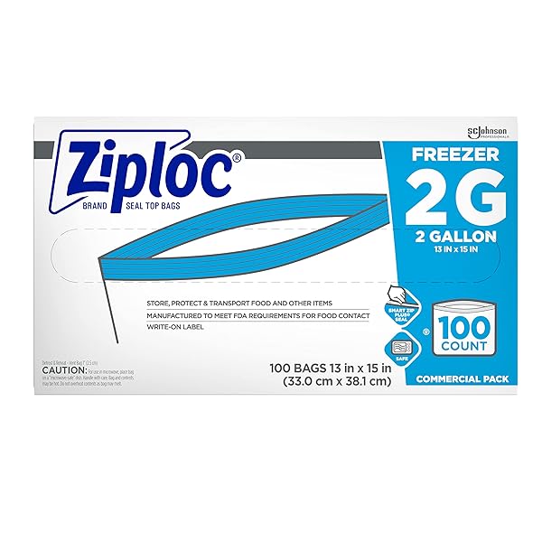 SC JOHNSON PROFESSIONAL ZIPLOC PROFESSIONAL FREEZER BAGS, FOR FOOD ORGANIZATION AND STORAGE, DOUBLE ZIPPER, 2 GALLON, 100 COUNT