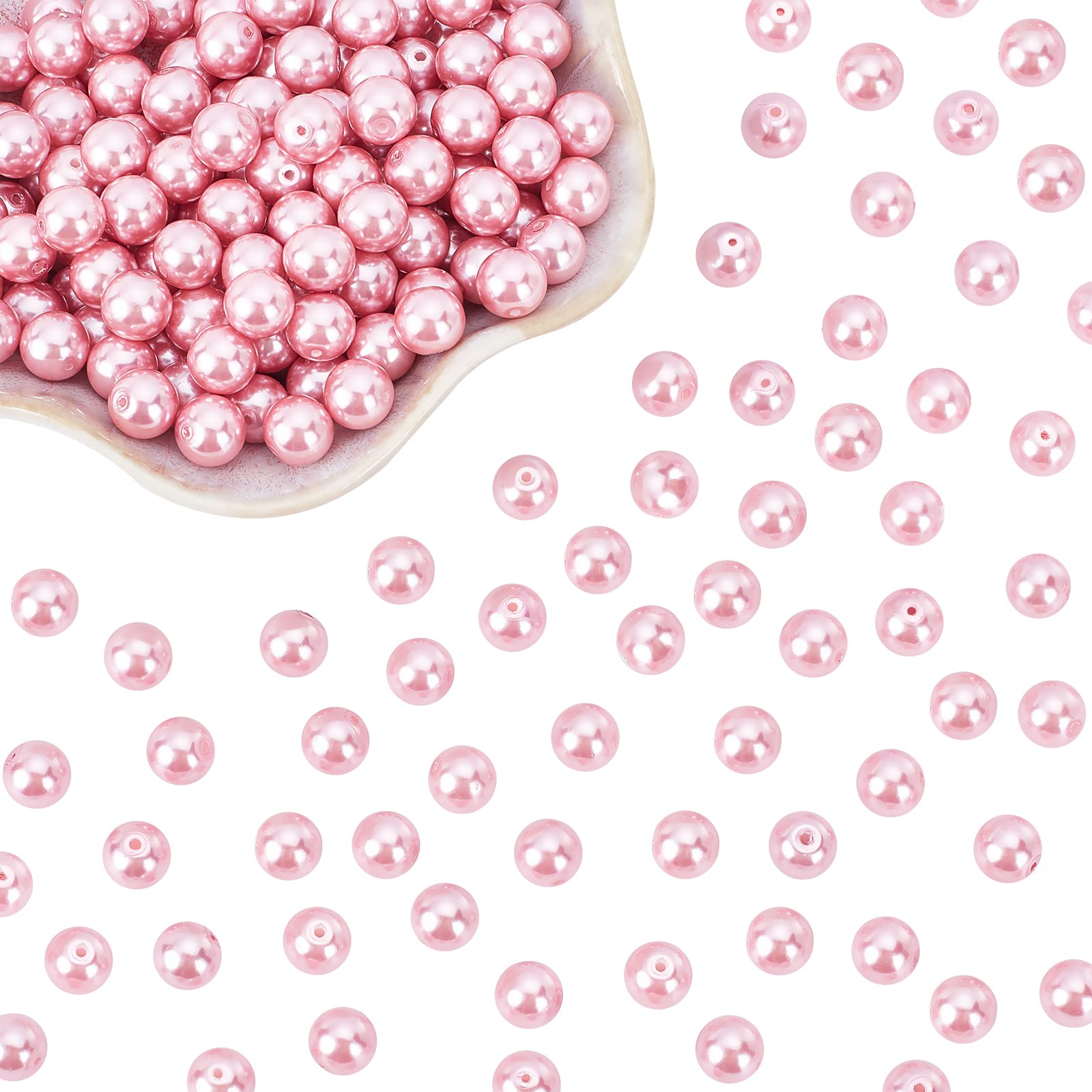 PH PandaHall 200pcs 8mm Pink Glass Pearl Beads Satin Luster Craft Pearl Bead Dyed Round Loose Spacer Beads for Earring Bracelet Necklace Jewelry Making Breast Cancer Awareness Bracelet