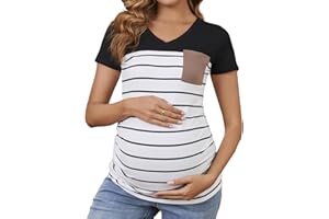 Ecavus Women's Casual Maternity T-Shirts Short Sleeve V Neck Colorblock Maternity Tops with Pocket
