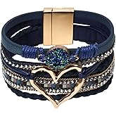 GZJINYUAN Leather Wrap Bracelet for Women, Boho Cuff Bracelet with Strong Clasp, Multi-Layer Crystal Leather Bracelet for Valentine's Day
