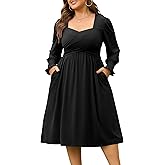 AMCLOS Women's Plus Size Casual Dress 2 Pockets Square Neck Back-Tie Crosswrap Bodice Elegant Work Business Long Sleeve