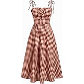CIDER Women's Gingham Maxi Dresses Bow Tie Square Neck Plaid Milkmaid Dress with Pockets Summer Long Dress Vacation Outfits