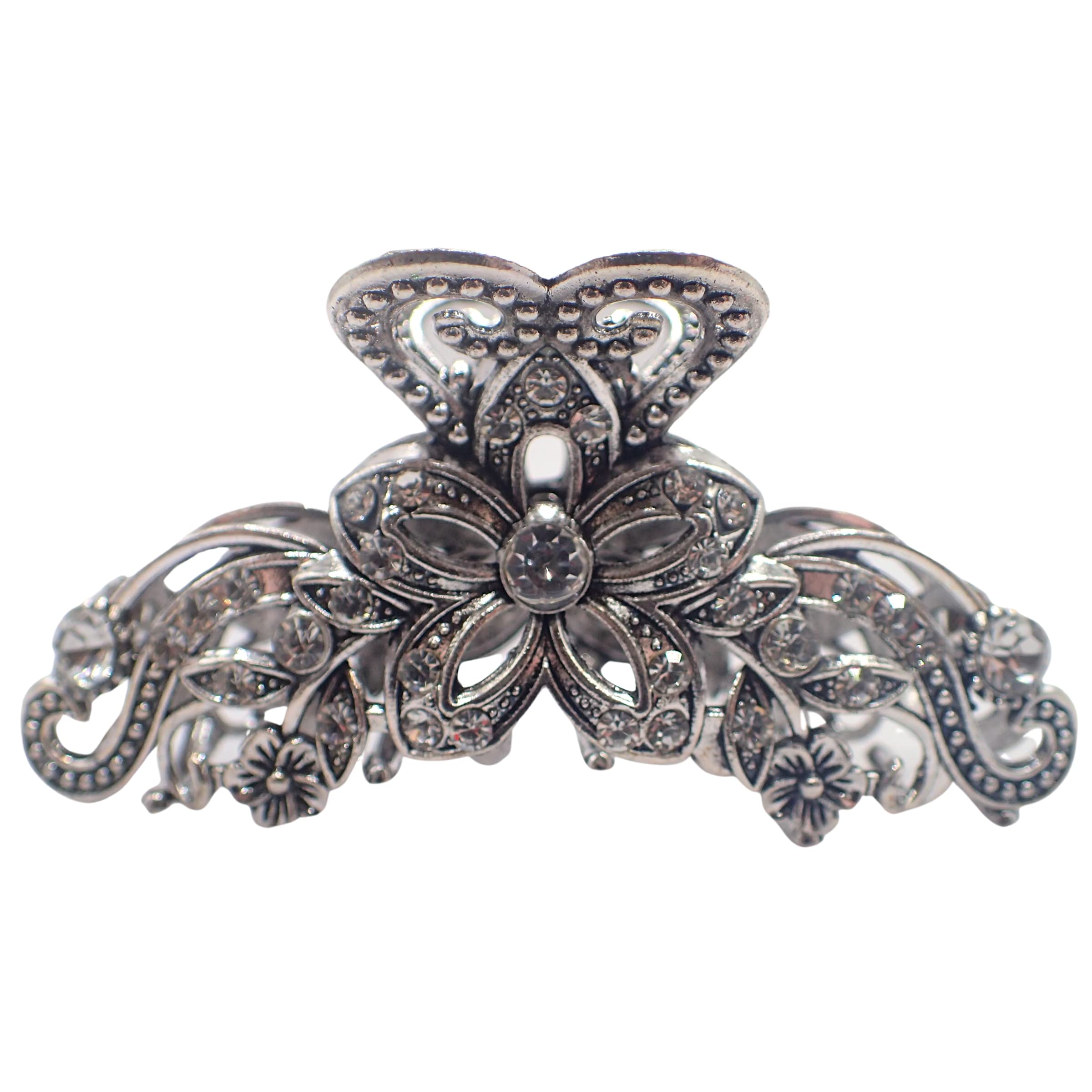 Topkids Accessories Vintage Hair Claw Clips Metal Flower Butterfly Bulldog Grips Silver Gold Women Girls Wedding Bridal Sparkly Clamp Jaw Rhinestone Gems (Silver Crystal Flower 7.5cm 3")