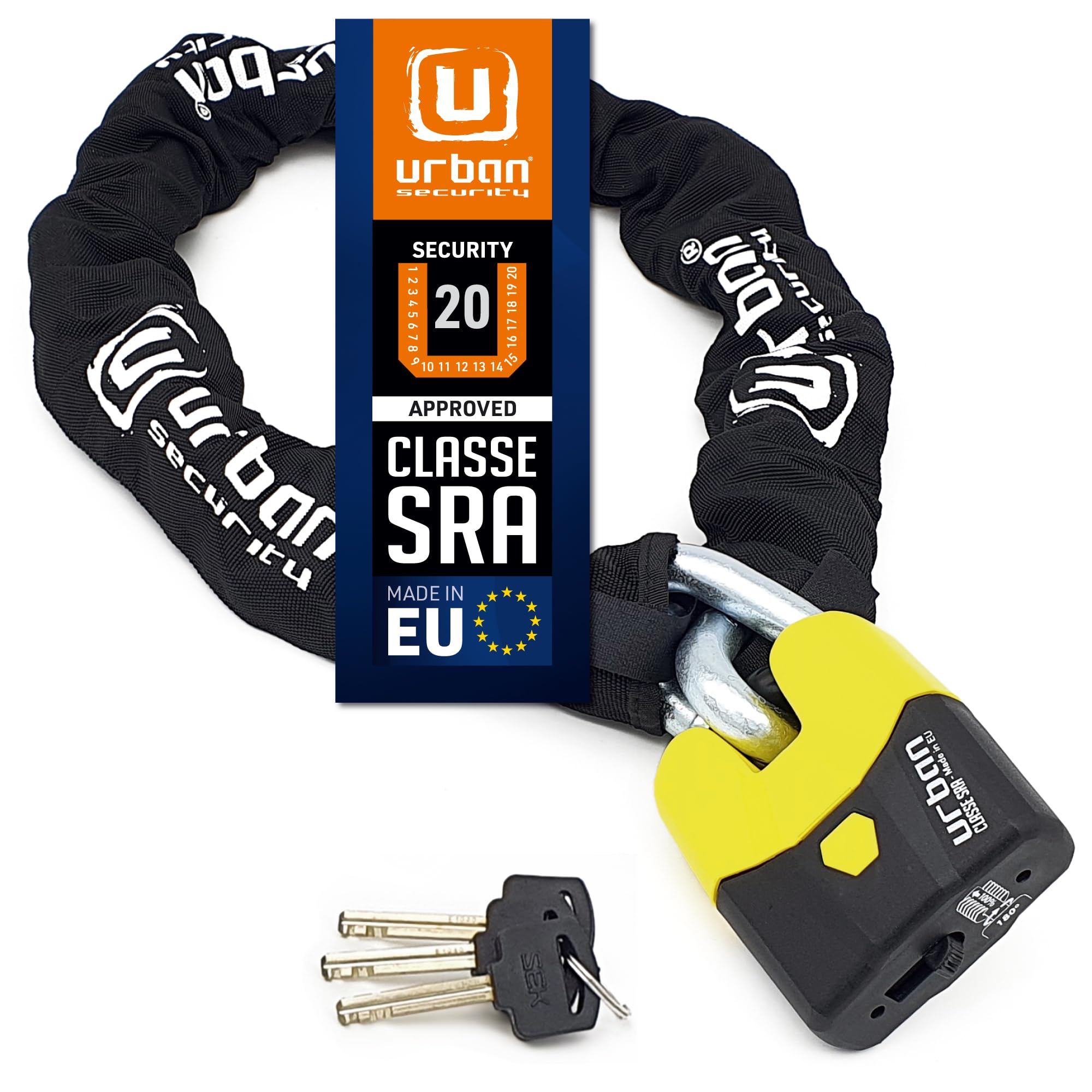 URBAN U8K120 Heavy Duty Motorcycle Chain Lock, High-Security SRA Approved, Hardened Steel Links ø15, Double Locking Mechanism, Anti-Pick Anti-Drill, 120cm Anti Theft for Moto Scooter Garage Anchor
