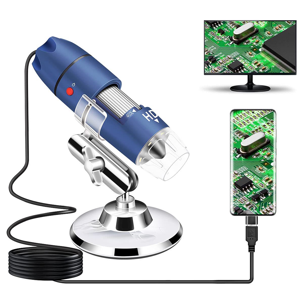 Jiusion 2K HD 2560x1440P USB Digital Microscope for Android Cellphone and Tablet Windows Mac Linux, 40X to 1000X Magnification Mini Endoscope Handheld Camera for Coin Facial Skin Scalp