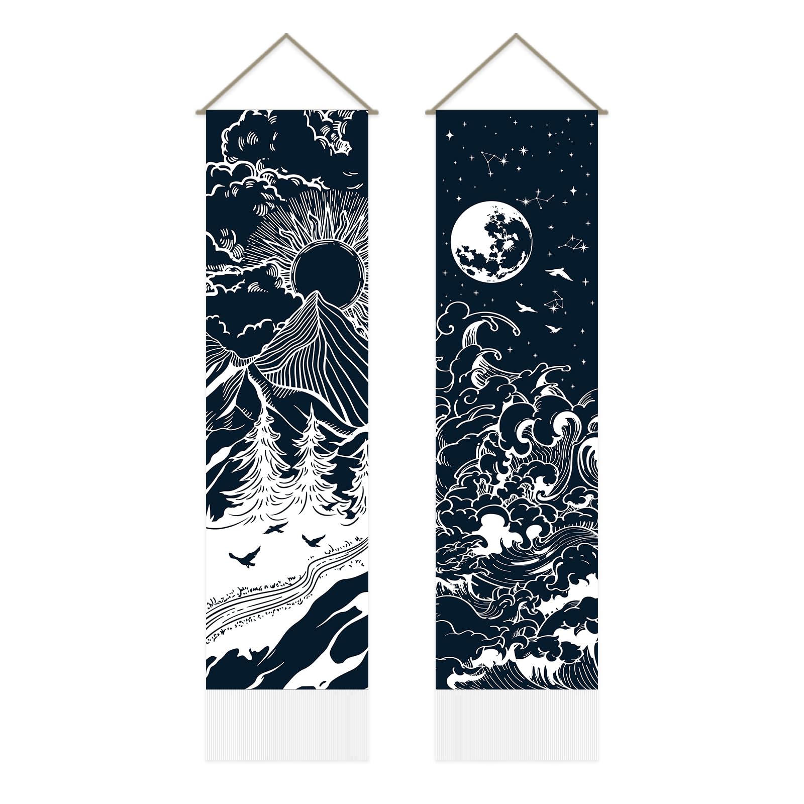 AHANDMAKER 2 Pcs Sun and Moon Tapestry, Navy Blue Tapestry Starry Night Mountain Tapestries Psychedelic Tapestry Wall Hanging Art Mystic Gothic Wall Decor for Living Room and Bedroom(51.18x12.99 inch)