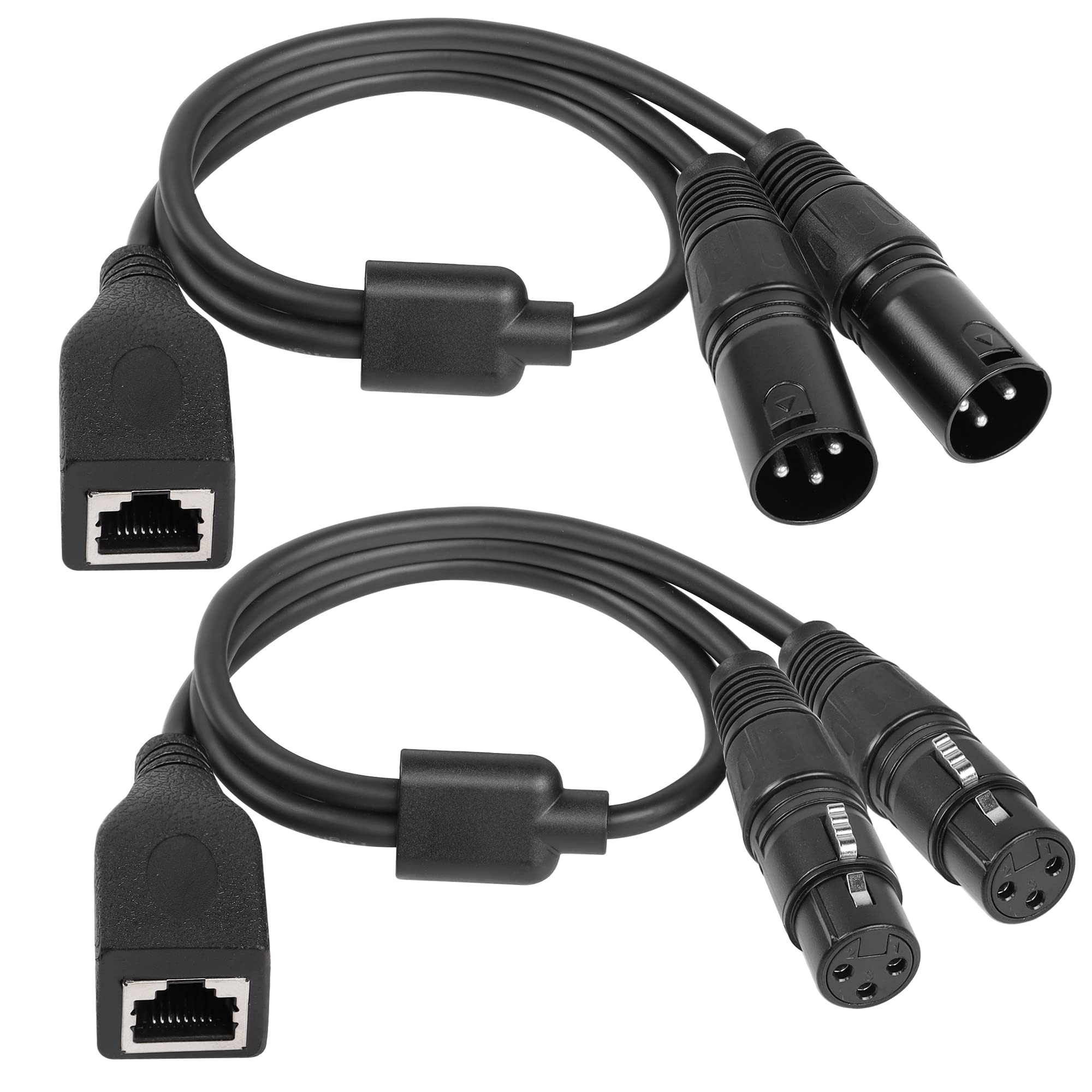 GELRHONR Dual XLR 3Pin Male to RJ45 Female Adapter Cable, RJ45 to Dual DMX XLR 3Pin Female Extension Cable - Cat5 Ethernet for DMX-CON Controller Series - Black/1.7Ft