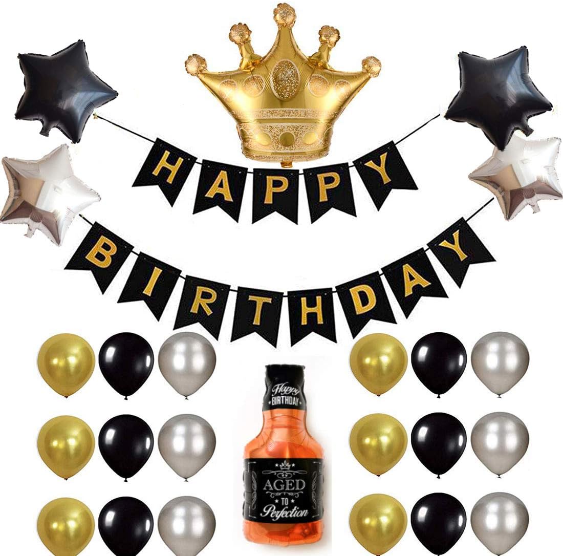 Birthday Decoration Set, Gold and Black Happy Birthday Banner Balloons Kit Crown Balloons Fits for Birthday Party Decoration
