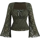 Floerns Women's Plus Size Grunge Floral Mesh Flare Sleeve T Shirt Bow Tie Square Neck Concert Tee Tops