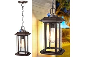 MYHXQ 13.4'' Dusk to Dawn Outdoor Pendant Lights for Porch, Brown Hanging Porch Light with Seeded Glass, Waterproof Outdoor Chandelier Farmhouse Ceiling Light Fixture Lanterns, 1Pack