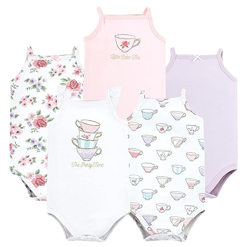 Hudson Baby Unisex Baby Cotton Sleeveless Bodysuits, Tea Party, 12-18 Months