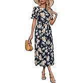CARE LUCK Women's Navy Blue Floral Print Maxi Dress, Short Sleeve Round Neck Party Dress, Flowy Summer Casual Dress for Women
