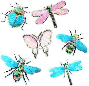 6 parches bordados con lentejuelas de abejas, escarabajo, insectos