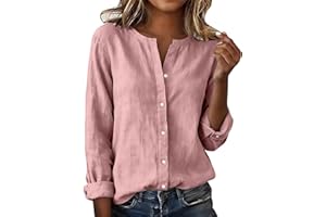 Womens Button Down Shirts Casual Long Sleeve Cotton Linen Tops Relaxed Fit Lightweight Crewneck Gauze Blouses