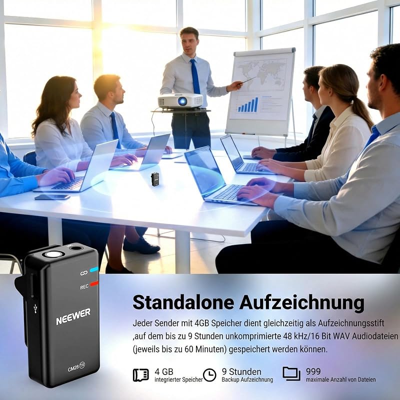 CM28 Drahtloses Lavalier Mikrofon, intelligentes Lav Mic mit Geräuschunterdrückung, 48 kHz/16 Bit, 200m Reichweite, 4GB, für iPhone Android Kamera, 1 Empfänger + 2 Sender + Ladecase