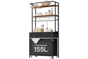 TEENFON Laundry Sorter, Rolling Laundry Hamper with 3 Section Pull-Out Bags, Laundry Basket Organizer with 2 Drawers, Laundry Hamper with Shelves and 8 Hooks for Laundry Room, Bathroom, Bedroom