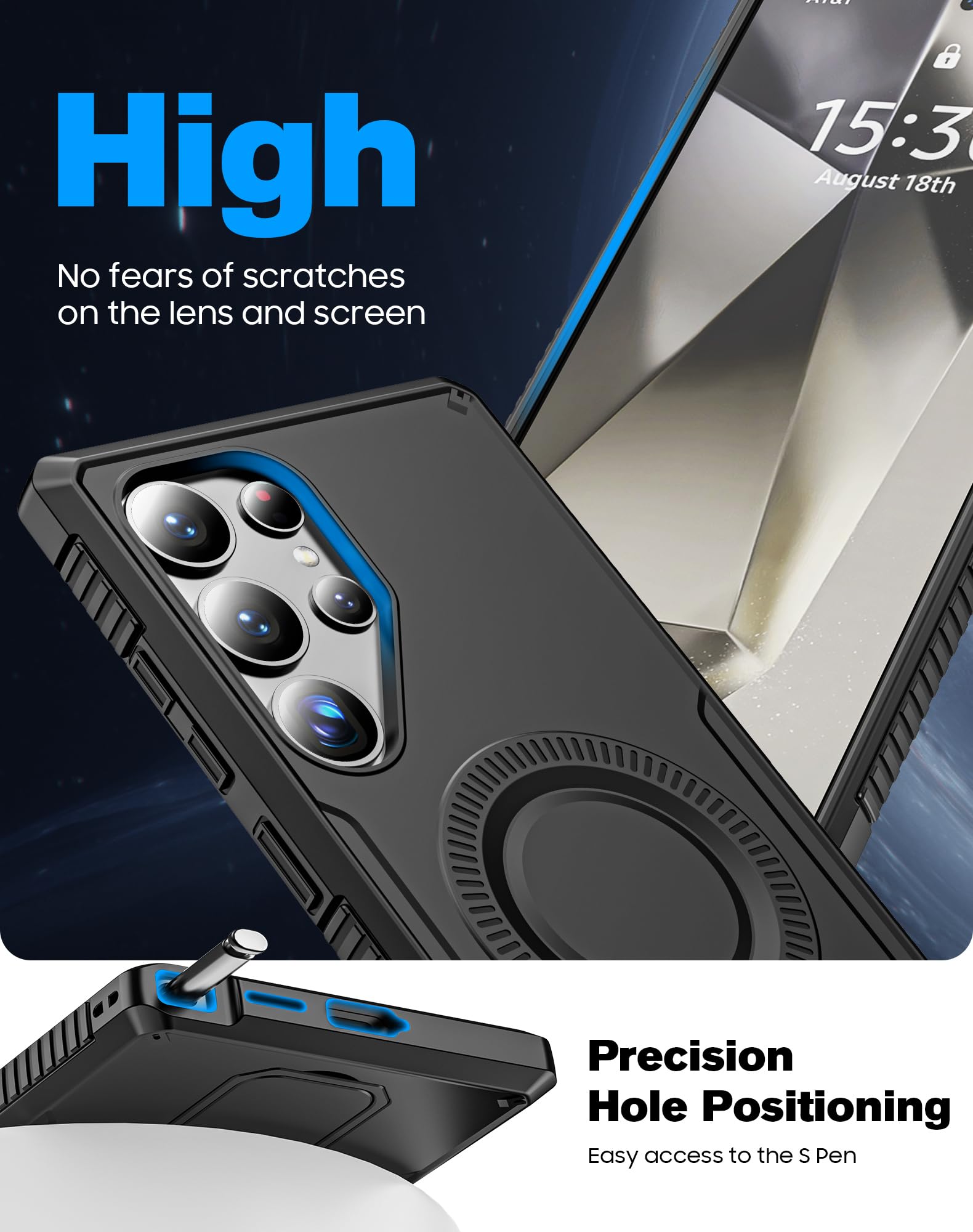 CENMASO Magnetic Case for Samsung Galaxy S25 Ultra with 360° Spin Stand, Compatible with Magsafe, Military Grade Protection, Shockproof Case for Galaxy S25 Ultra with Kickstand & Ring Stand, Black