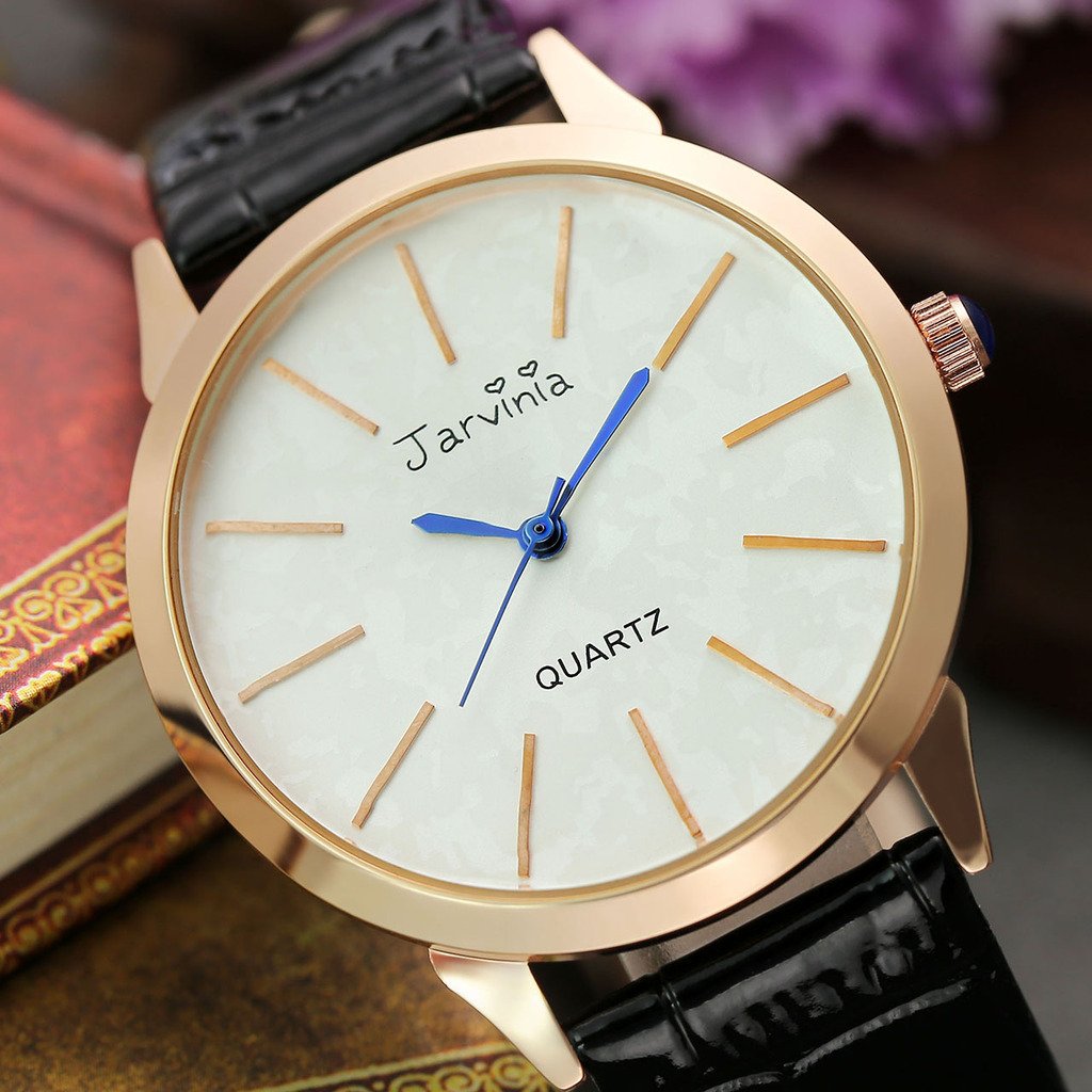 JSDDE Uhren,Elegant Frauen Armbanduhr Einfach Skala Damenuhr Echtleder Armband Rosegold Analog Qaurzuhr J626M,Schwarz