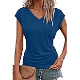 Bliwov Womens Summer Tops Business Casual Cap Sleeve V Neck T Shirts Trendy Outfits Beach Vacation Clothes Fashion Blouses