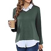 MISS FORTUNE Women's V-Neck Fall Winter Sweater Collar 2 in 1 Casual Long Sleeve Patchwork Office Pullover Shirts 2025