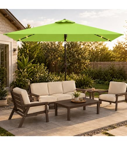 Bonosuki Rectangle Patio Umbrella with Solar Lights, 10 x 6.5ft Rectangular Outdoor Umbrella Table Market Patio Umbrella with Push Button Tilt and Crank for Garden, Deck, Backyard, Pool : Patio