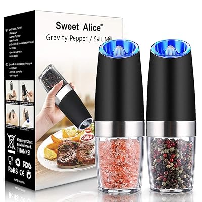 Gravity Electric Pepper and Salt Grinder Set, Adjustable Coarseness, Battery Powered with LED Light, One Hand Automatic Operation, Stainless Steel Black, 2 Pack