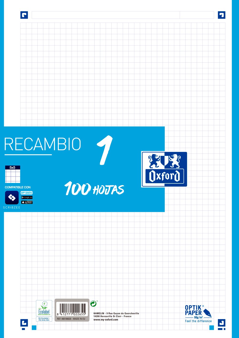 A4 Squared Sheets Oxford Refill, Turquoise Band, 100 Sheets, Grid 5 x 5, Turquoise 400106620