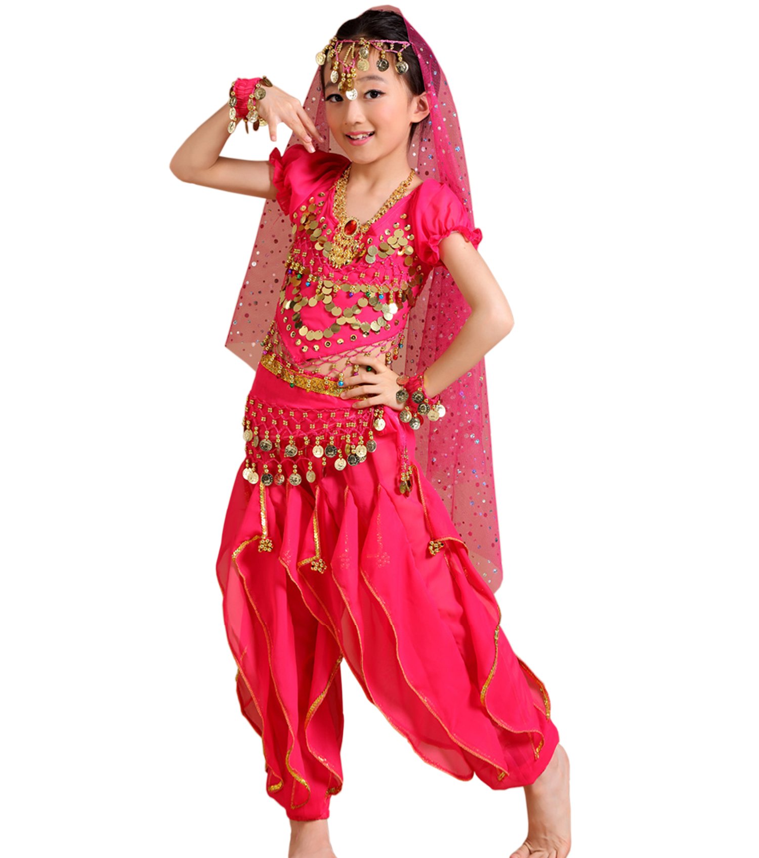 Astage Disfraz de fiesta de Halloween para niñas y niños, danza del vientre, ropa activa, todos los adornos, rosa intenso, mediano, rosa intenso, M Para altura de 53 a 57 pulgadas