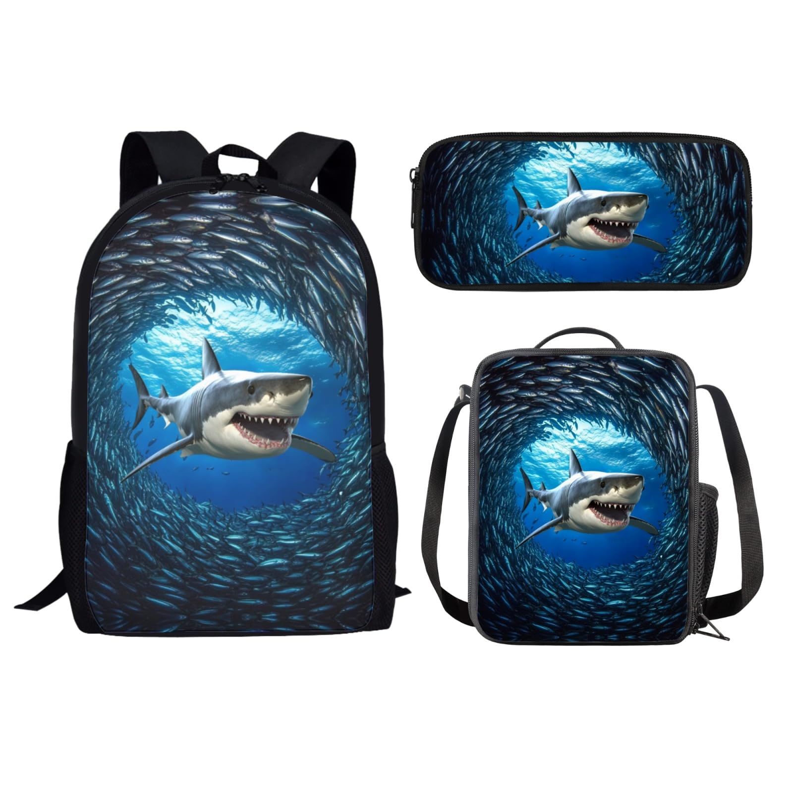 Showudesigns Boys Rucksack Kids Girls Linch Box Set of 2 Shark Print Student School Bag Set with 17inch Backpack/Lunch Bag/Pencil Bag