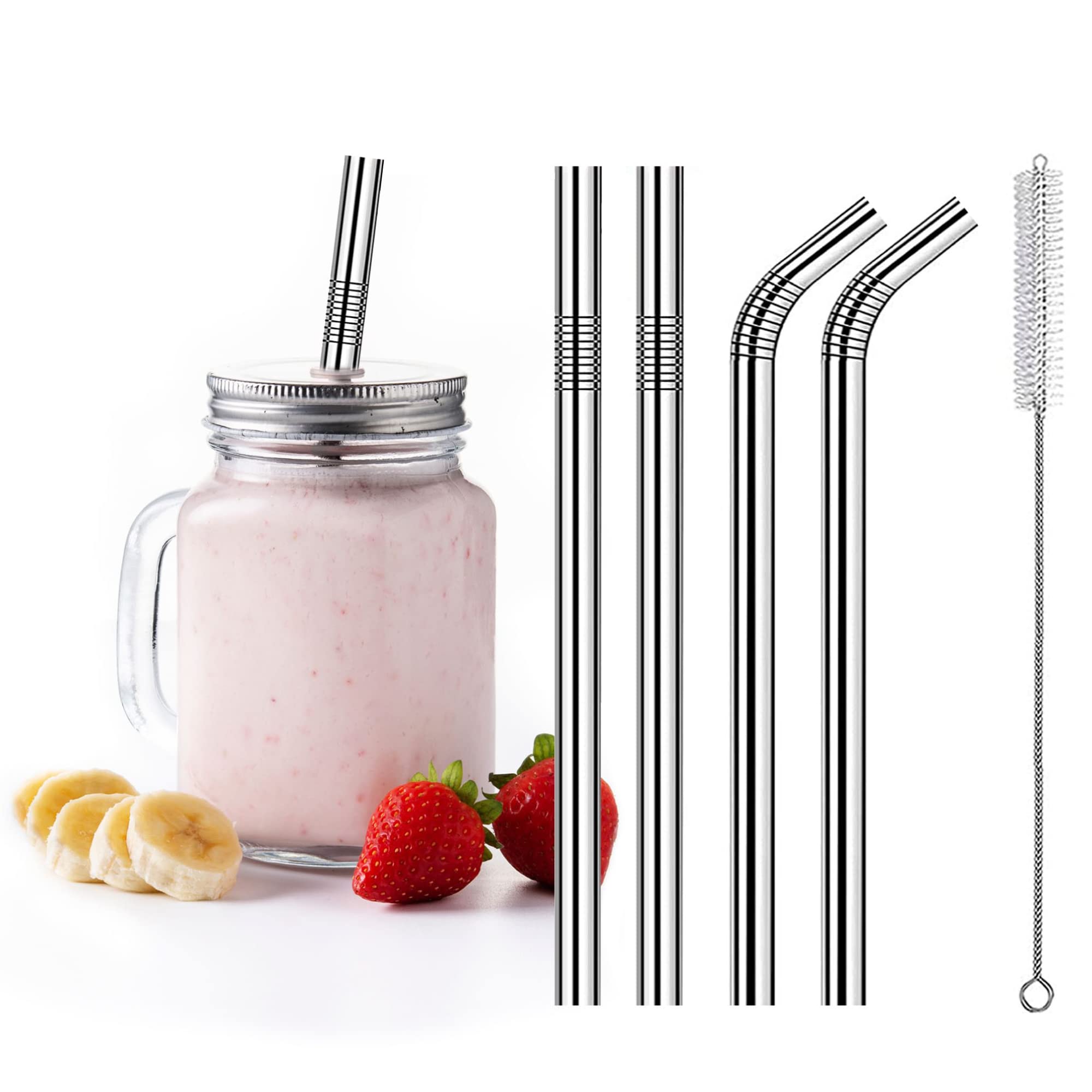 MVS Wholesale 5 Piece Set, 4 Reusable Eco Friendly Silver Metal Smoothie Straws (12mm Wide) & 2 Cleaning Brushes, 2 Straight, 2 Bent, Also Ideal for, Milkshake, Cocktail, Hot Drinks (SMOOTHS001)