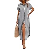Zeagoo Womens Summer Casual Short Sleeve Button Down Long Shirt Dresses Loose Swimsuit Beach Cover Ups with Pockets