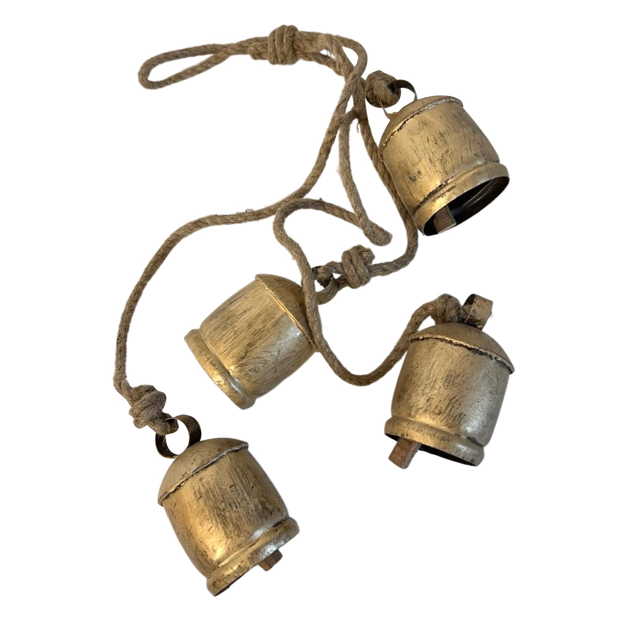 4 LARGE COW BELLS Distressed Gold hanging on a Rustic Rope | Cow Bells | Bells | Ornamental Bells | Decorative Bells | Rustic Bells | Christmas Bells | Decorations | Home decor