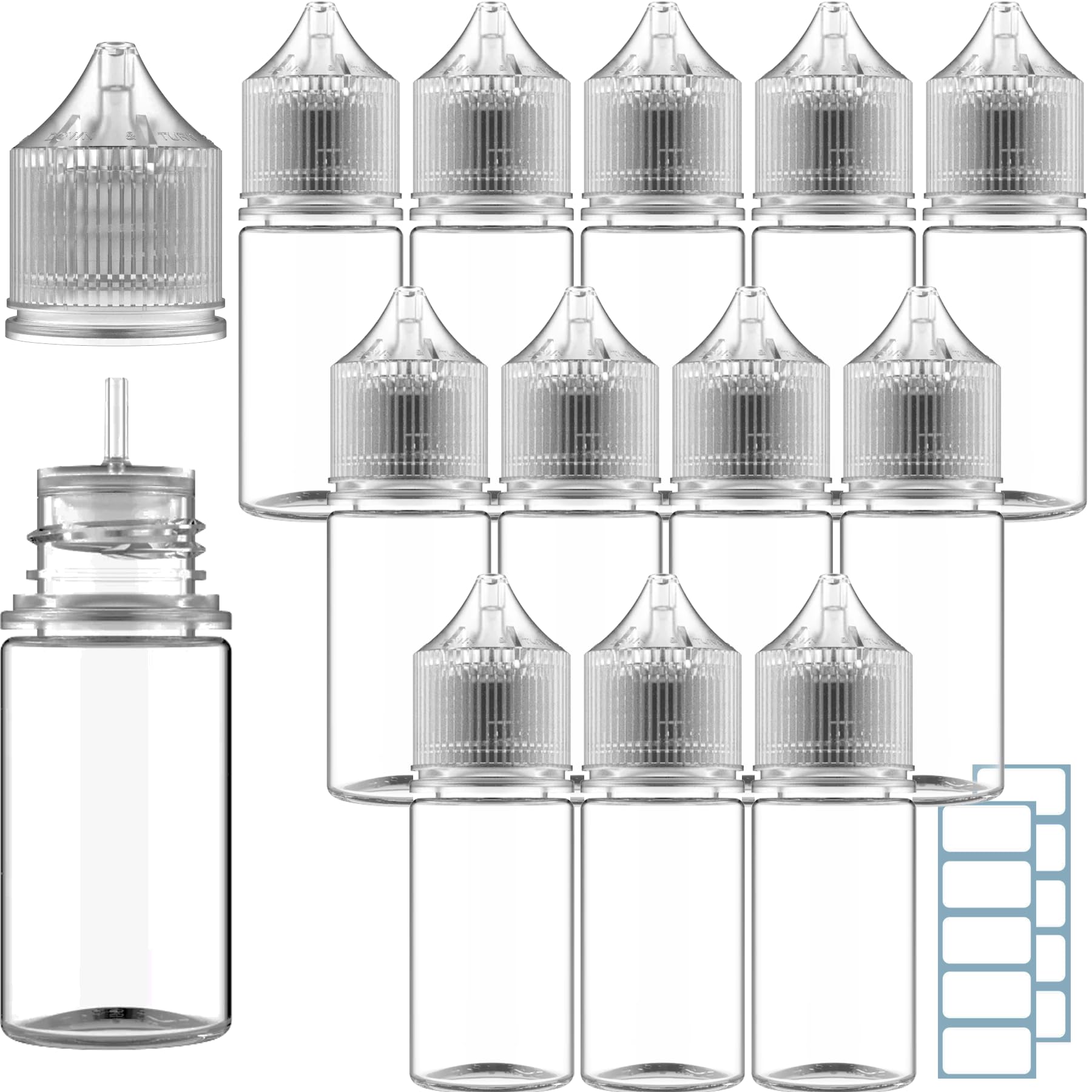 TK B&D 12 x 30 ml bottles of empty liquid bottles with conical unicorn cap + labels 30 ml