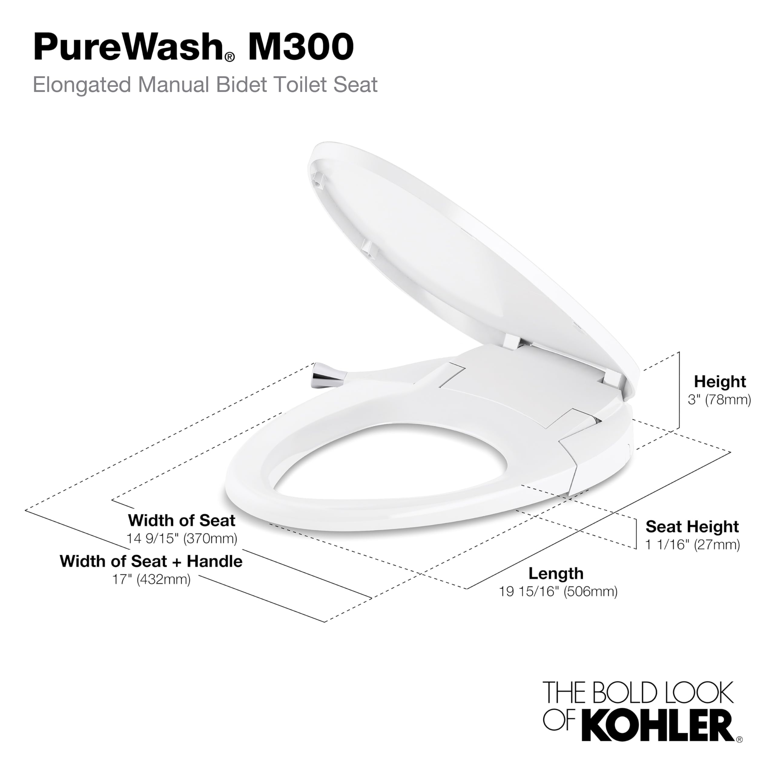 Kohler PureWash M300 Manual Elongated Bidet Toilet Seat, Chrome Handle, Quiet-Close Lid Prevents Slamming, Toilet Bidet, Easy Installation with Quick-Release Hinges, Self-Cleaning Wand