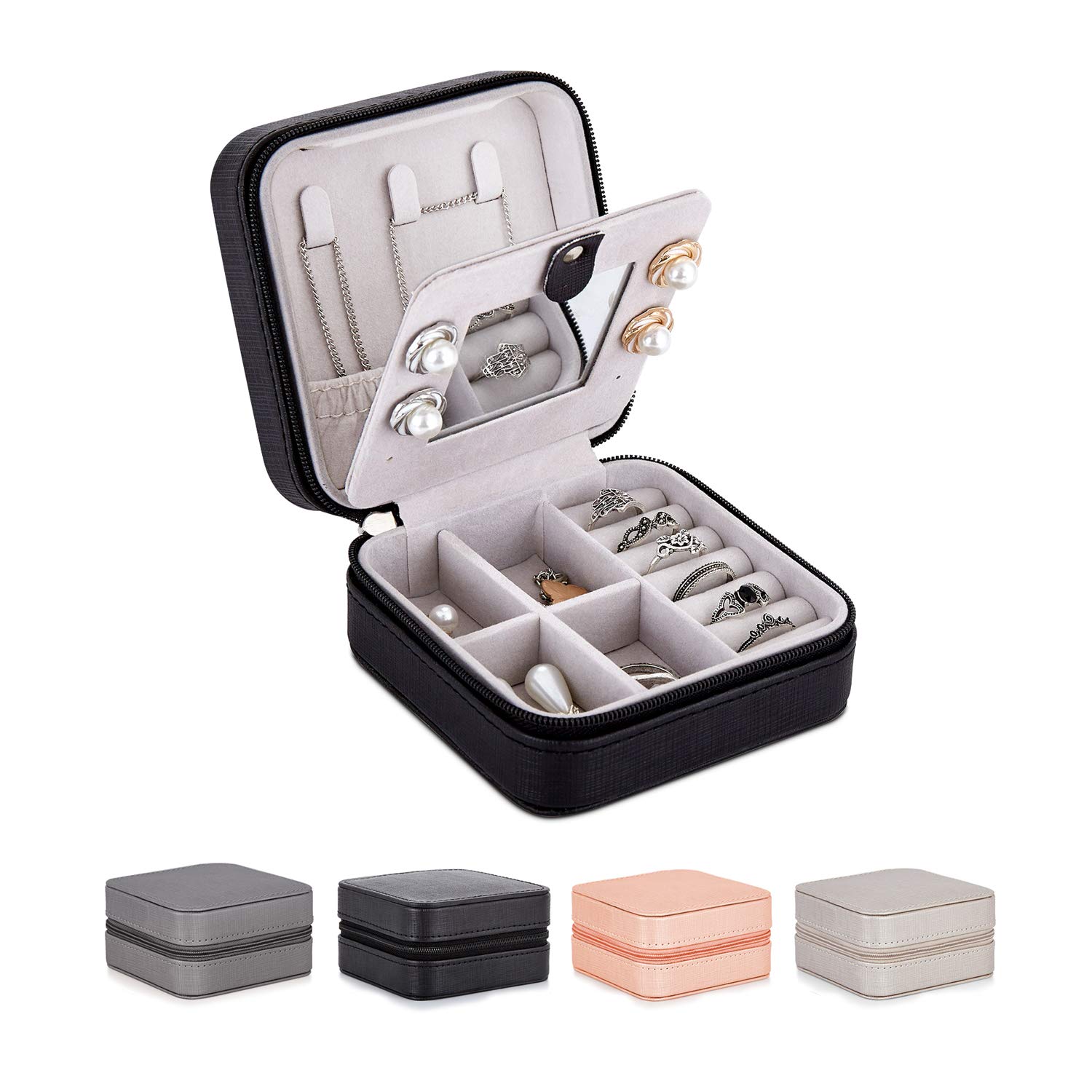 Meerveil Jewellery Box, Small Travel Jewelry Organiser Case PU Leather with Mirror, Portable Zip for Ring, Earring, Necklace, Gifts to Girls and Women, Black