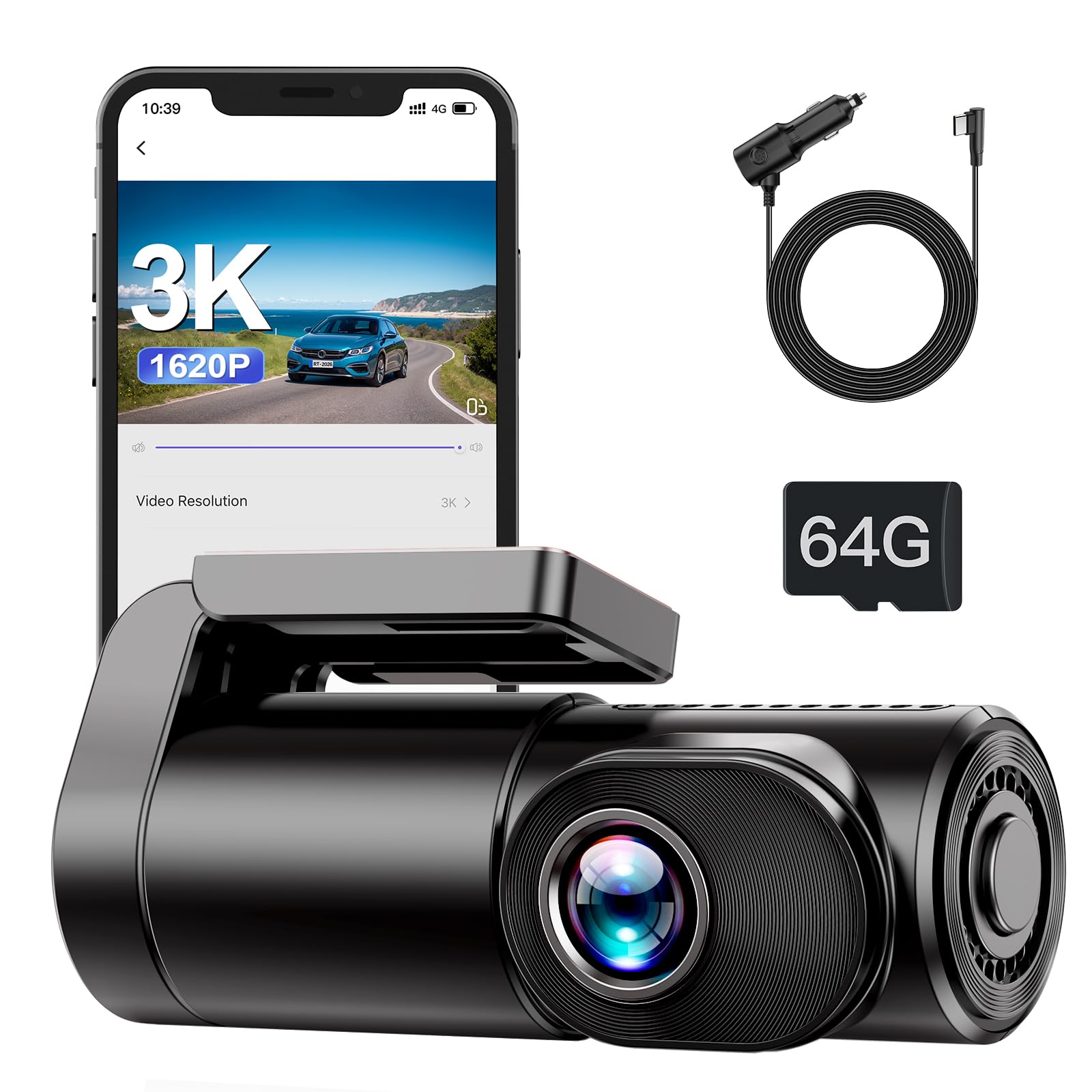 Range Tour 3K Dash Cam Front WiFi Mini Car Camera with 64GB Memory card, 0.96" Display Driving Recorder, APP Control, HDR 2.0, Loop Recording, Night Vision, 170° Wide Angle, Max 256GB