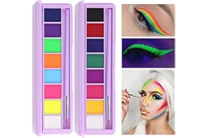 SULILY 16 Colors Water Activated Eyeliner, Matte Neon Colored Face/Body Paint UV Glow Fluorescent,Longlasting Devise Graphic Eyeliner for Halloween ,With Brush