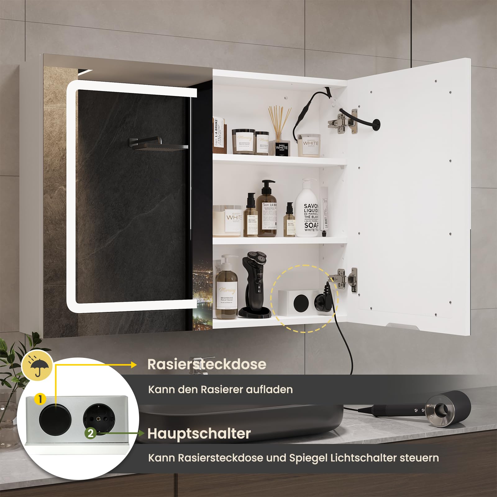 DICTAC Badezimmer spiegelschrank mit Beleuchtung 80x60x16cm Spiegelschrank Bad mit LED und Steckdose 80 cm Breit Doppeltür Badschrank mit Spiegel und Ablage,Hängeschrank,Berührung Sensorschalter,Weiß 5