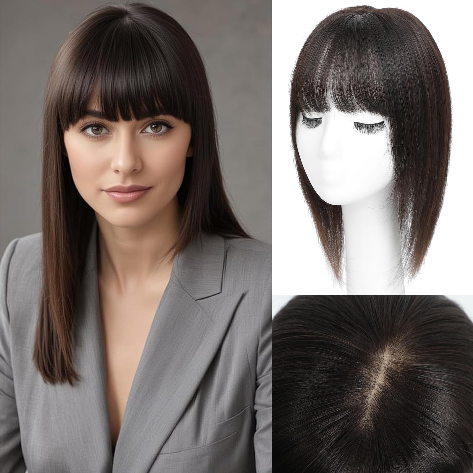 Hair Toppers for Thinning Hair Women Real Hai Toppers for Women with Bangs Real Human Hair 12inch 6.5 * 6.5In Skin Scalp Big Base Cover