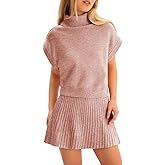 Tankaneo Womens Skirt 2 Piece Sets Sweater Set 2025 Turtleneck Cap Sleeve Crop Top and Pleated Mini Skirt Travel Outfits