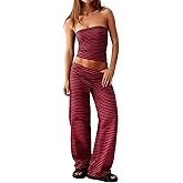 Fhykiss Women Striped Two Piece Set Tube Top Wide Leg Pants Summer Casual Matching Lounge Set Beach Vacation Travel