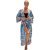 ethnic print kimonos for women open front cardigans with bet maxi dress long sleeve beach cover ups plus size