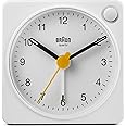Braun Classic Travel Analogue Alarm Clock with Snooze and Light, Compact Size, Quiet Quartz Movement, Crescendo Beep Alarm in White, Model BC02XW.